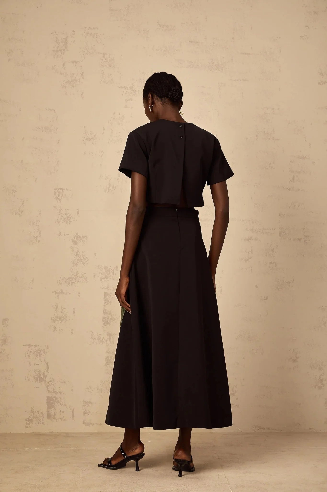 Rosaura Top & Skirt Set with Floral Appliqué in Black