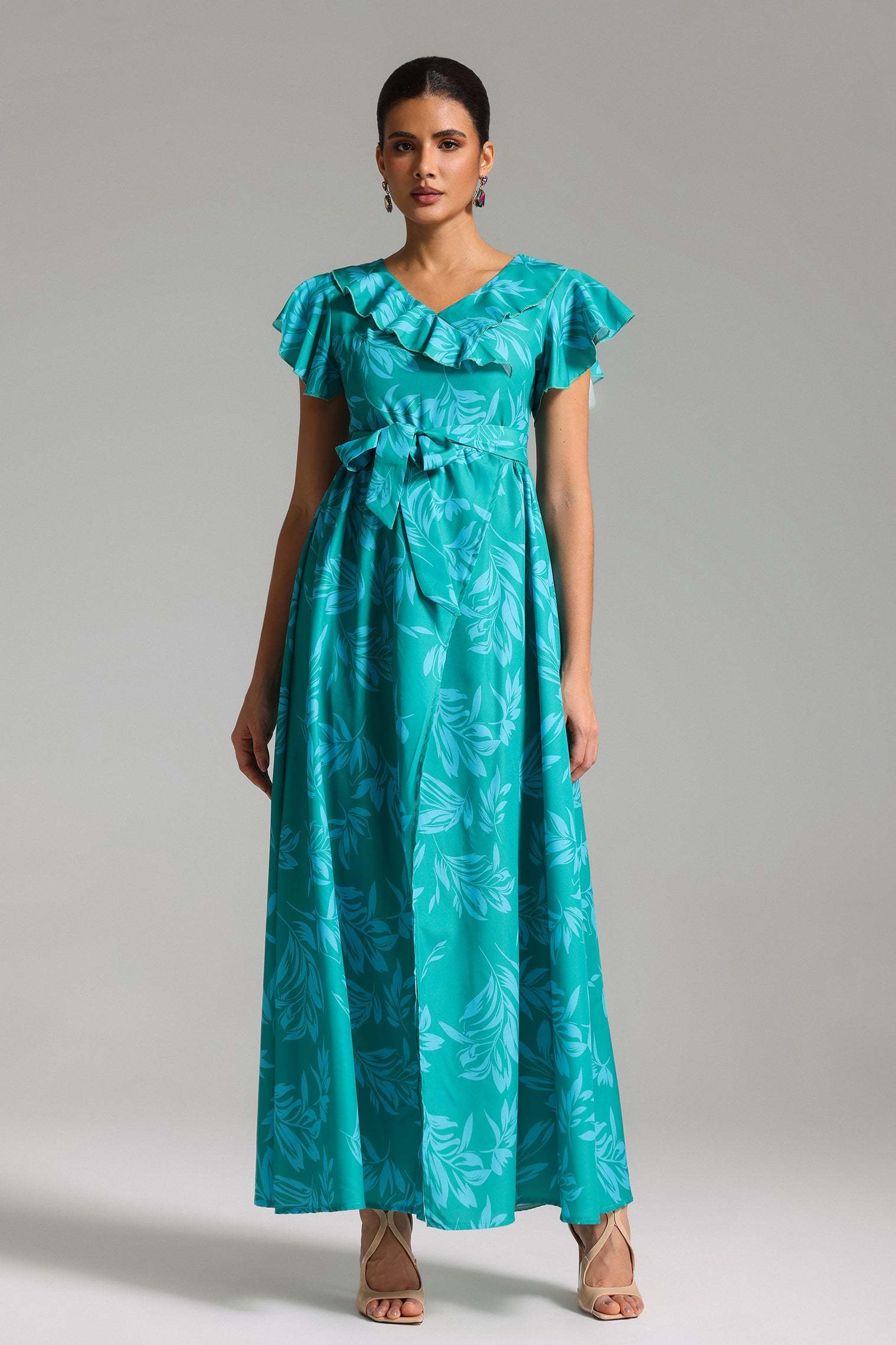 Rosaura Turquoise Floral Maxi Dress with Ruffled Sleeves and V-neckline