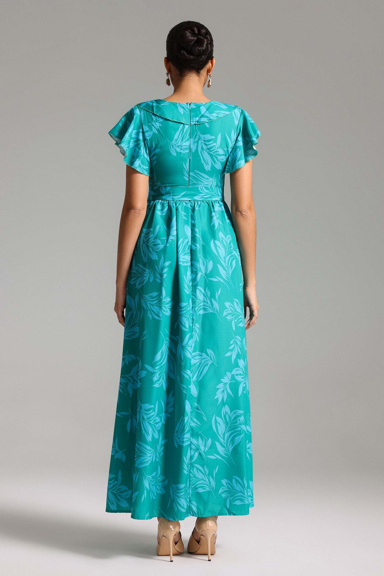 Rosaura Turquoise Floral Print Maxi Dress with Ruffled Sleeves and V-Neckline
