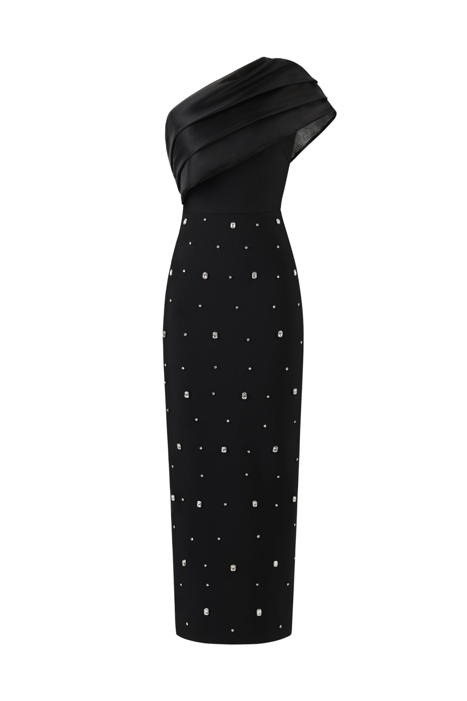 Rose Black Diamond Embellished One-Shoulder Maxi Dress