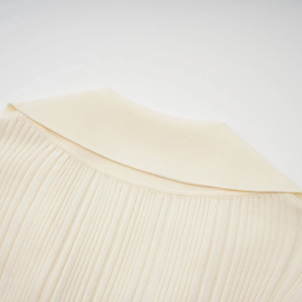 Rose Midi Dress Neutrals Ribbed - Knit Flared Pockets Button - Front & V - Neck
