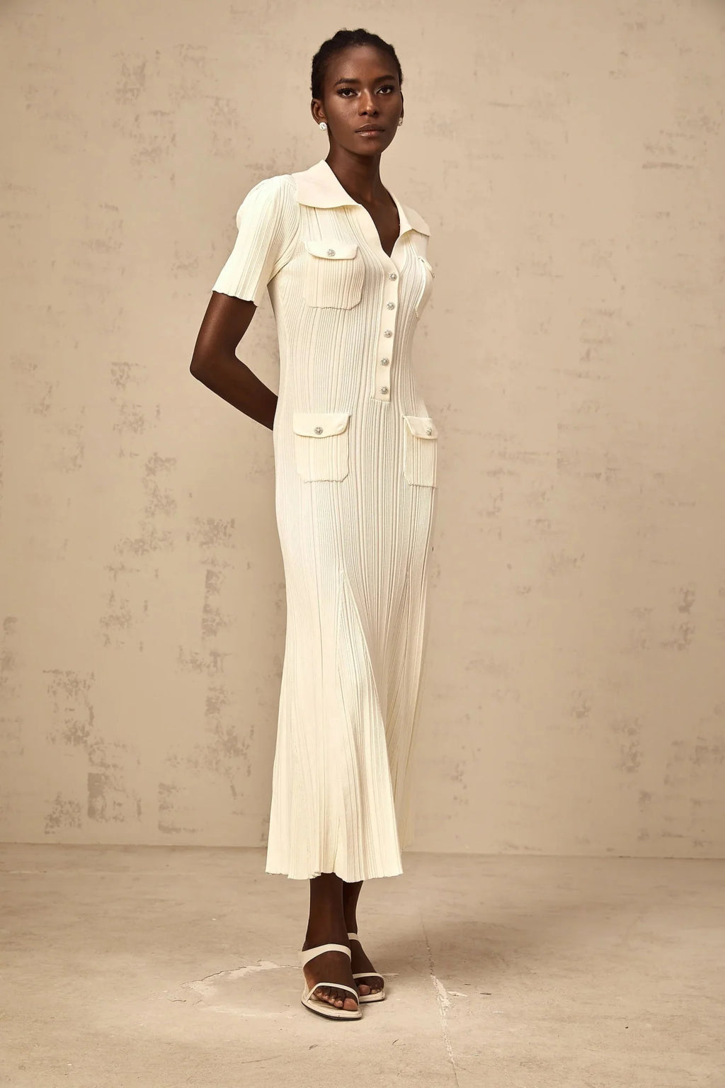 Rose Midi Dress Neutrals Ribbed - Knit Flared Pockets Button - Front & V - Neck