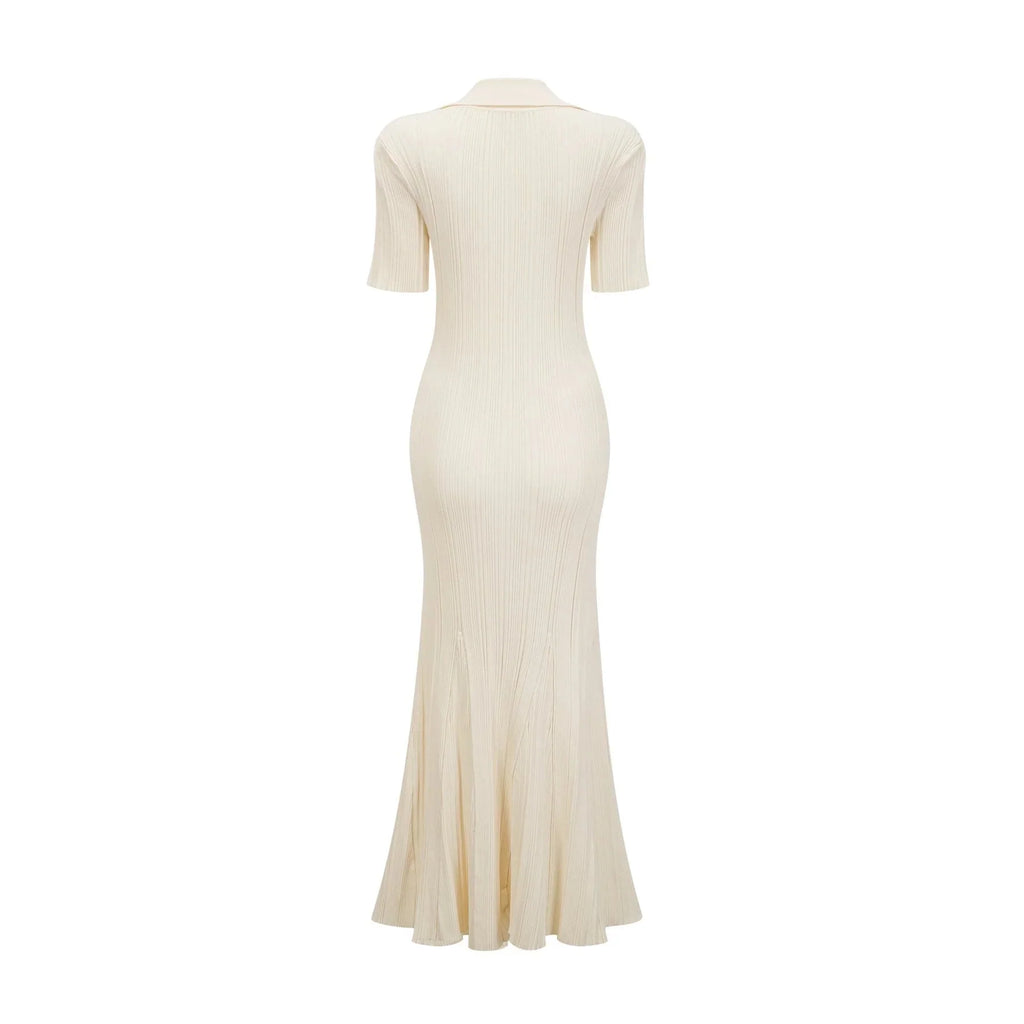 Rose Midi Dress Neutrals Ribbed - Knit Flared Pockets Button - Front & V - Neck