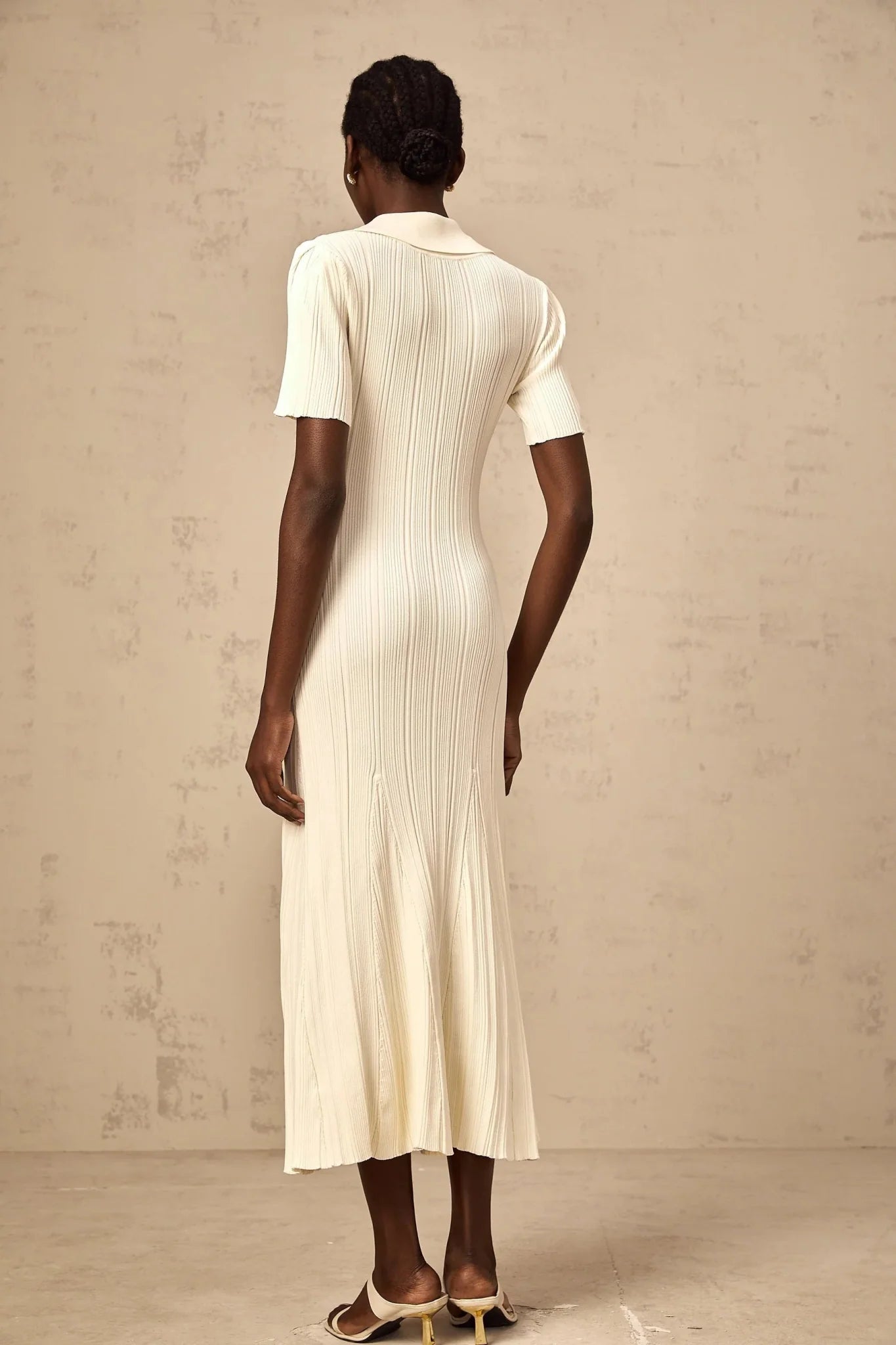 Rose Midi Dress Neutrals Ribbed - Knit Flared Pockets Button - Front & V - Neck