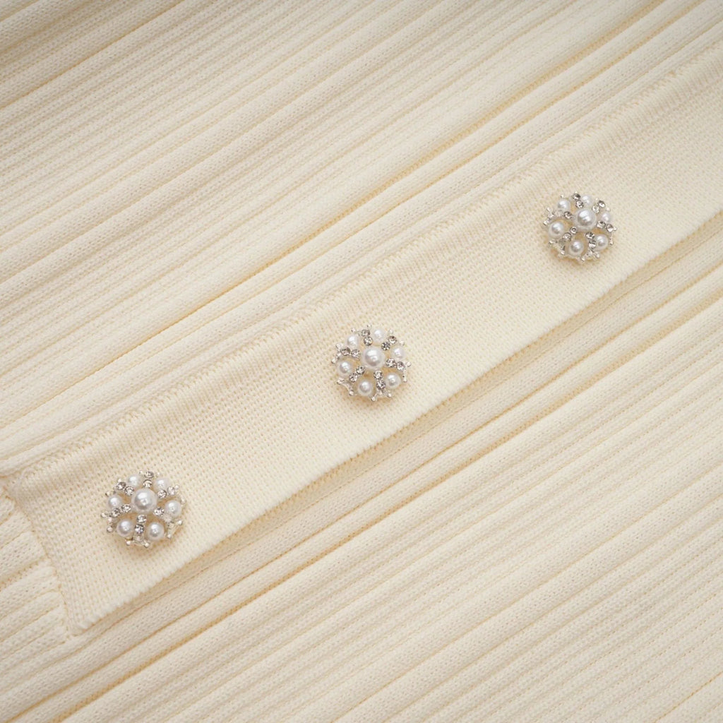 Rose Midi Dress Neutrals Ribbed - Knit Flared Pockets Button - Front & V - Neck