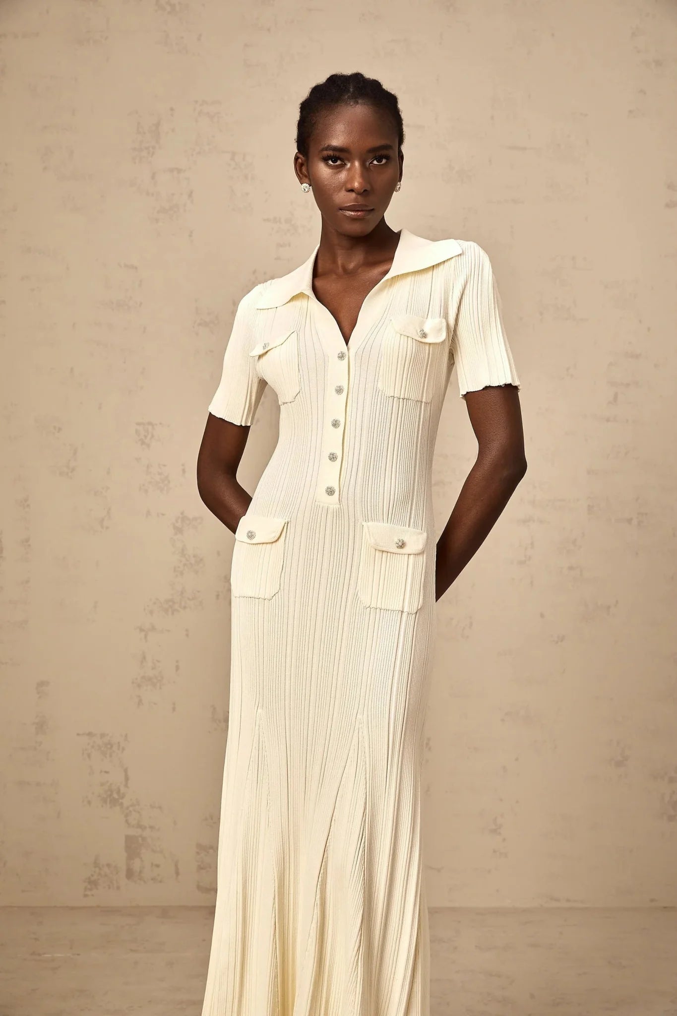 Rose Midi Dress Neutrals Ribbed - Knit Flared Pockets Button - Front & V - Neck