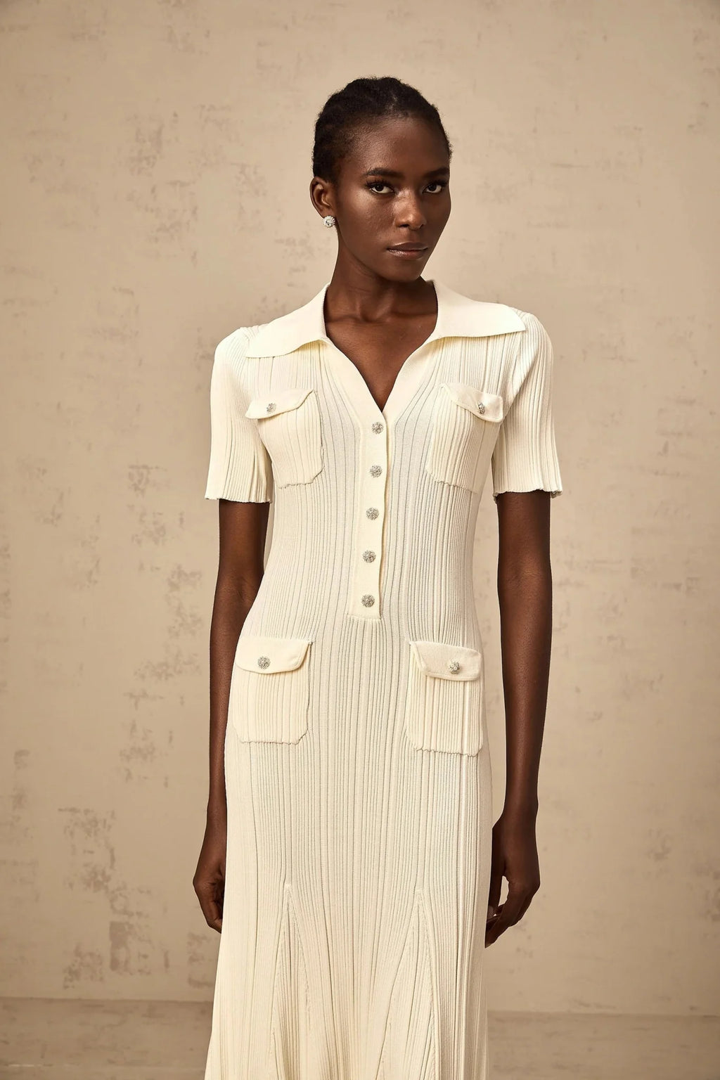 Rose Midi Dress Neutrals Ribbed - Knit Flared Pockets Button - Front & V - Neck