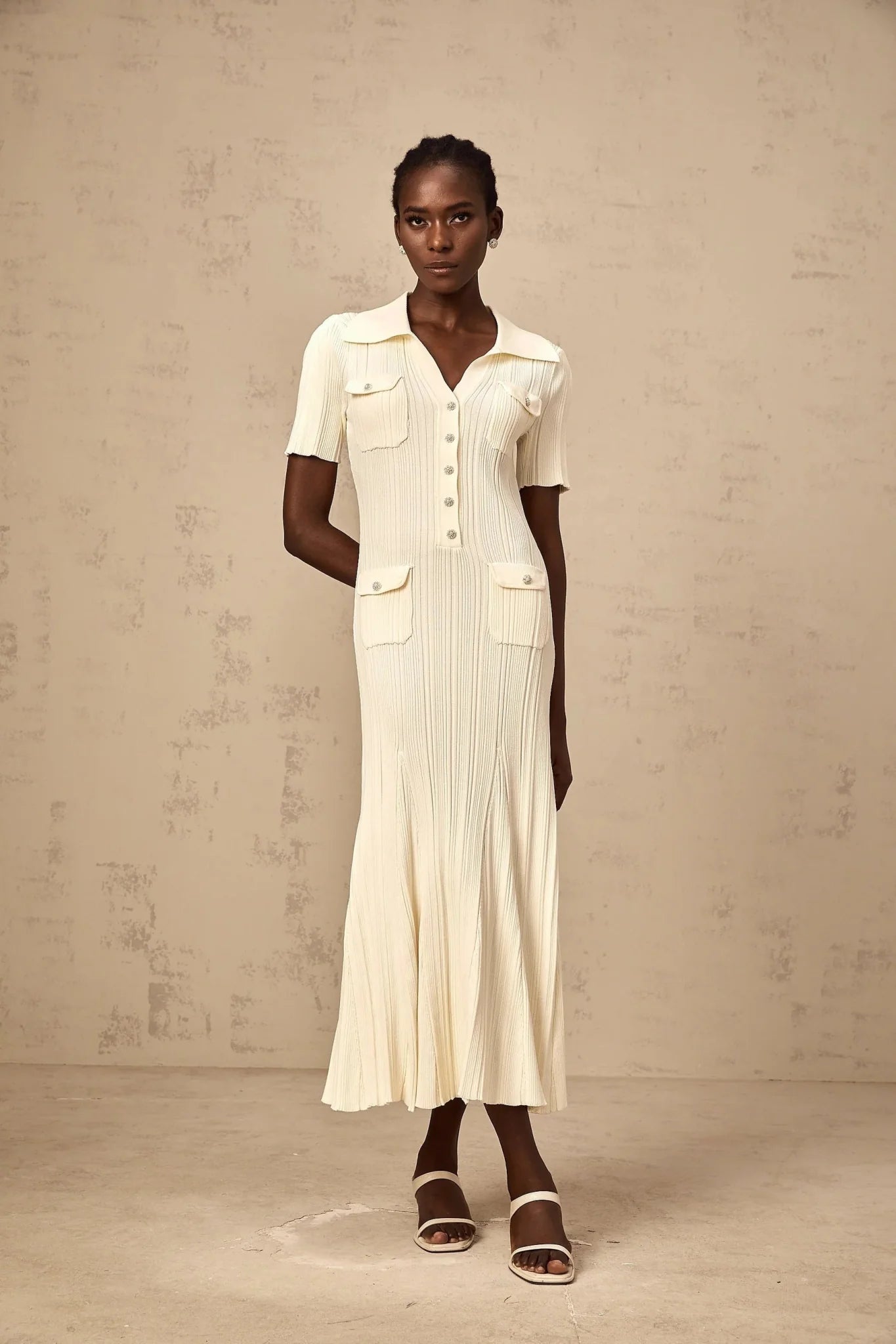 Rose Midi Dress Neutrals Ribbed - Knit Flared Pockets Button - Front & V - Neck