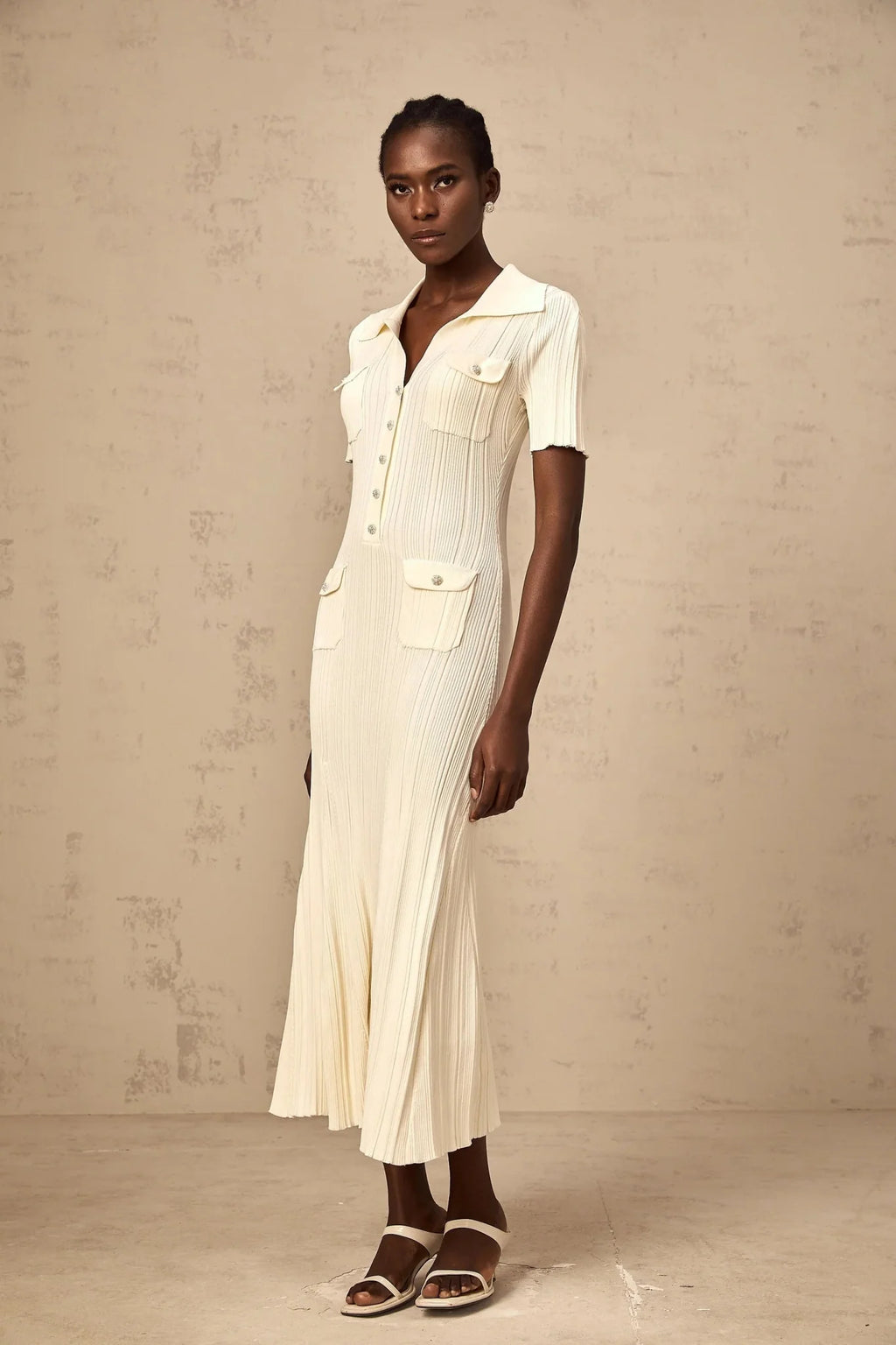 Rose Midi Dress Neutrals Ribbed - Knit Flared Pockets Button - Front & V - Neck