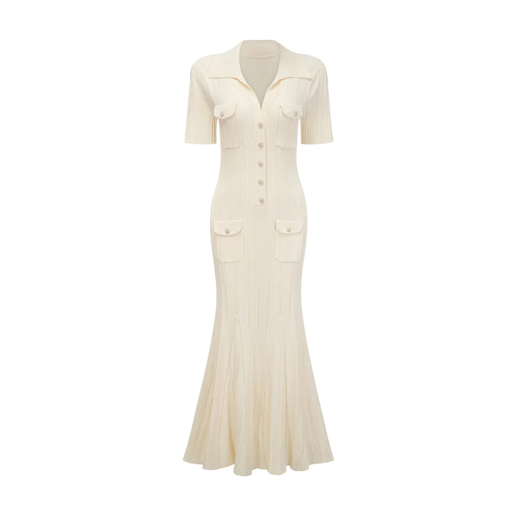 Rose Midi Dress Neutrals Ribbed - Knit Flared Pockets Button - Front & V - Neck