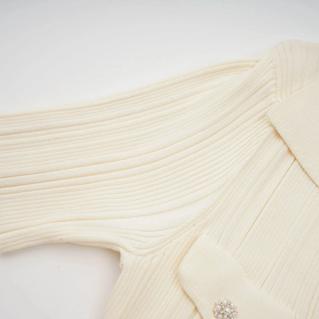 Rose Midi Dress Neutrals Ribbed - Knit Flared Pockets Button - Front & V - Neck