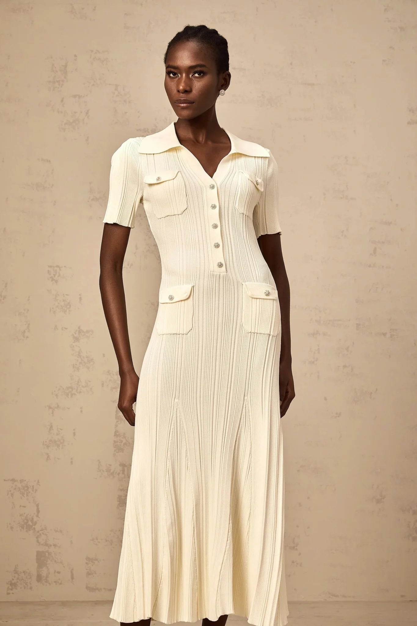 Rose Midi Dress Neutrals Ribbed - Knit Flared Pockets Button - Front & V - Neck
