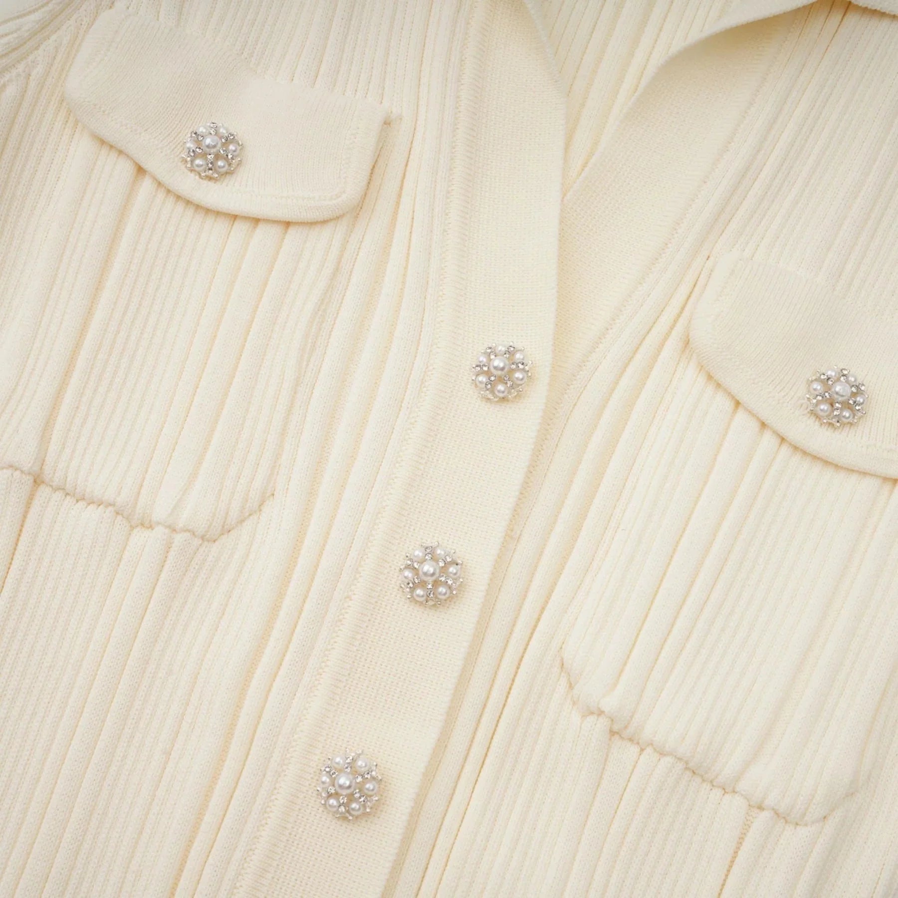 Rose Midi Dress Neutrals Ribbed - Knit Flared Pockets Button - Front & V - Neck