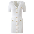 Roselia Top – Fitted Ribbed Knit – Short Sleeves – Gold Button Detail – Front Pockets – Tailored Silhouette – Textured Fabric