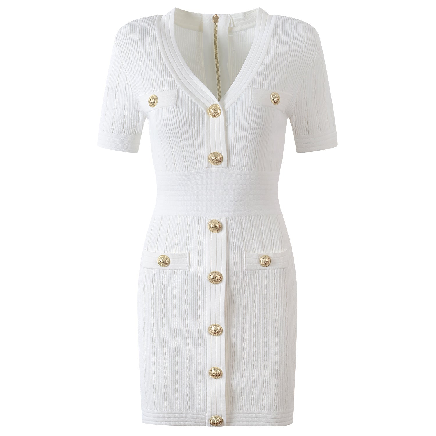 Roselia Top – Fitted Ribbed Knit – Short Sleeves – Gold Button Detail – Front Pockets – Tailored Silhouette – Textured Fabric