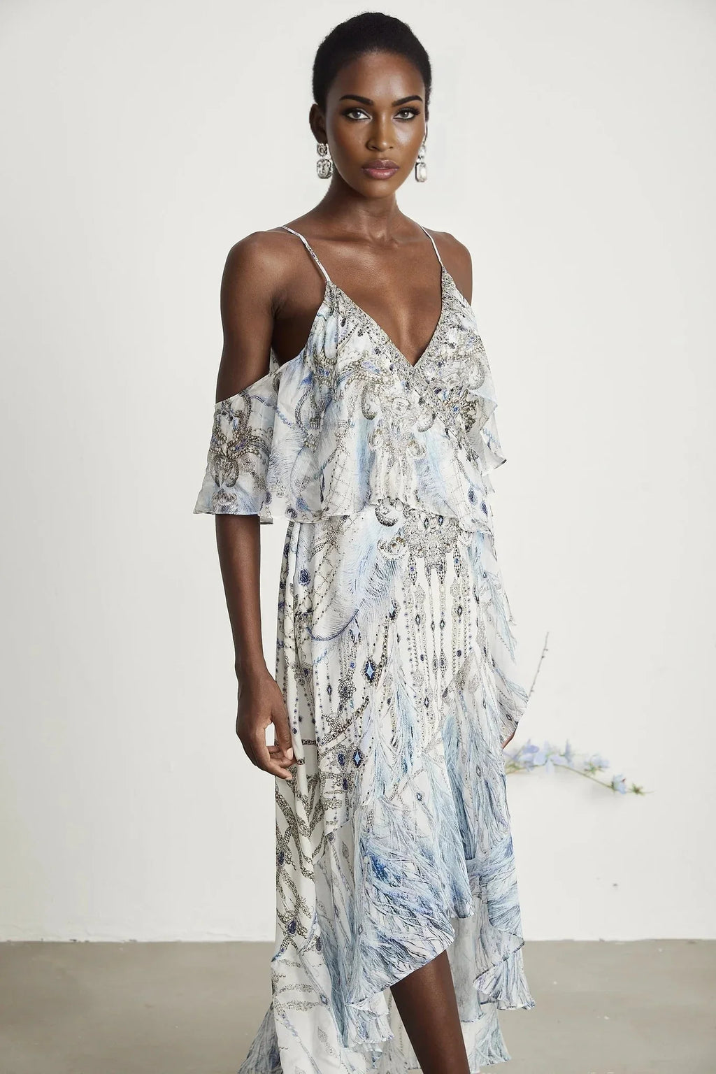 Rosetta Dress White Crystal Embellished Ruffle Hem Midi Silk