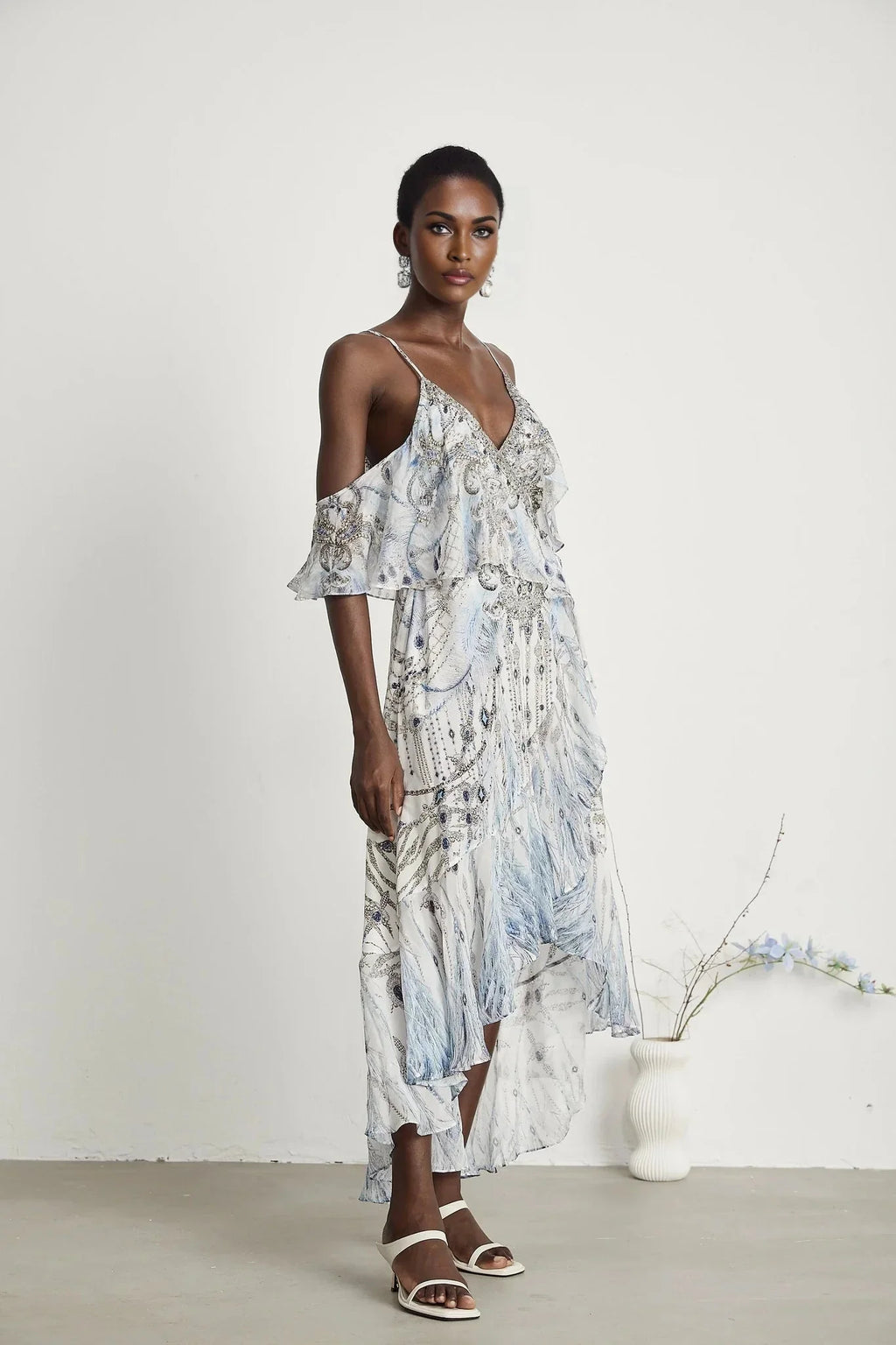 Rosetta Dress White Crystal Embellished Ruffle Hem Midi Silk