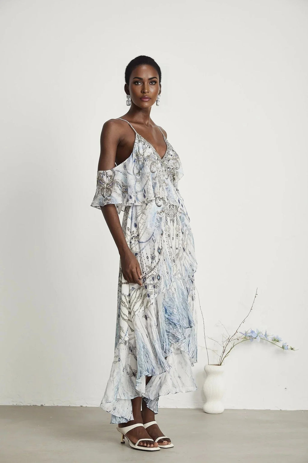 Rosetta Dress White Crystal Embellished Ruffle Hem Midi Silk