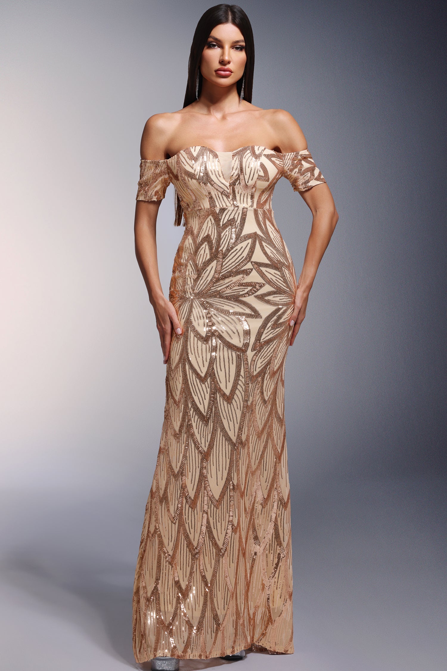 Rosetta Gold Sequin Off-Shoulder Maxi Dress for Formal Events