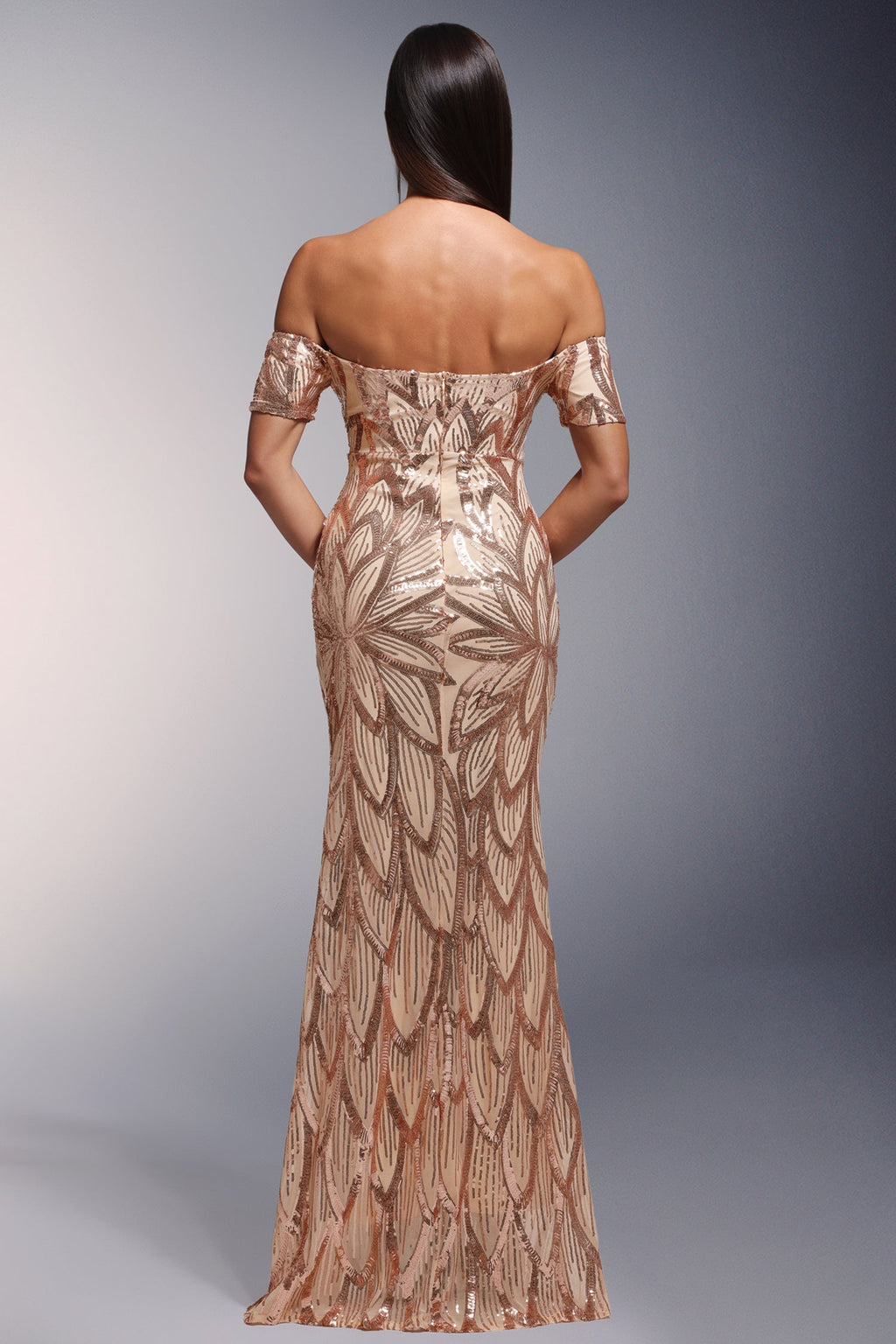 Rosetta Gold Sequin Off-Shoulder Maxi Dress