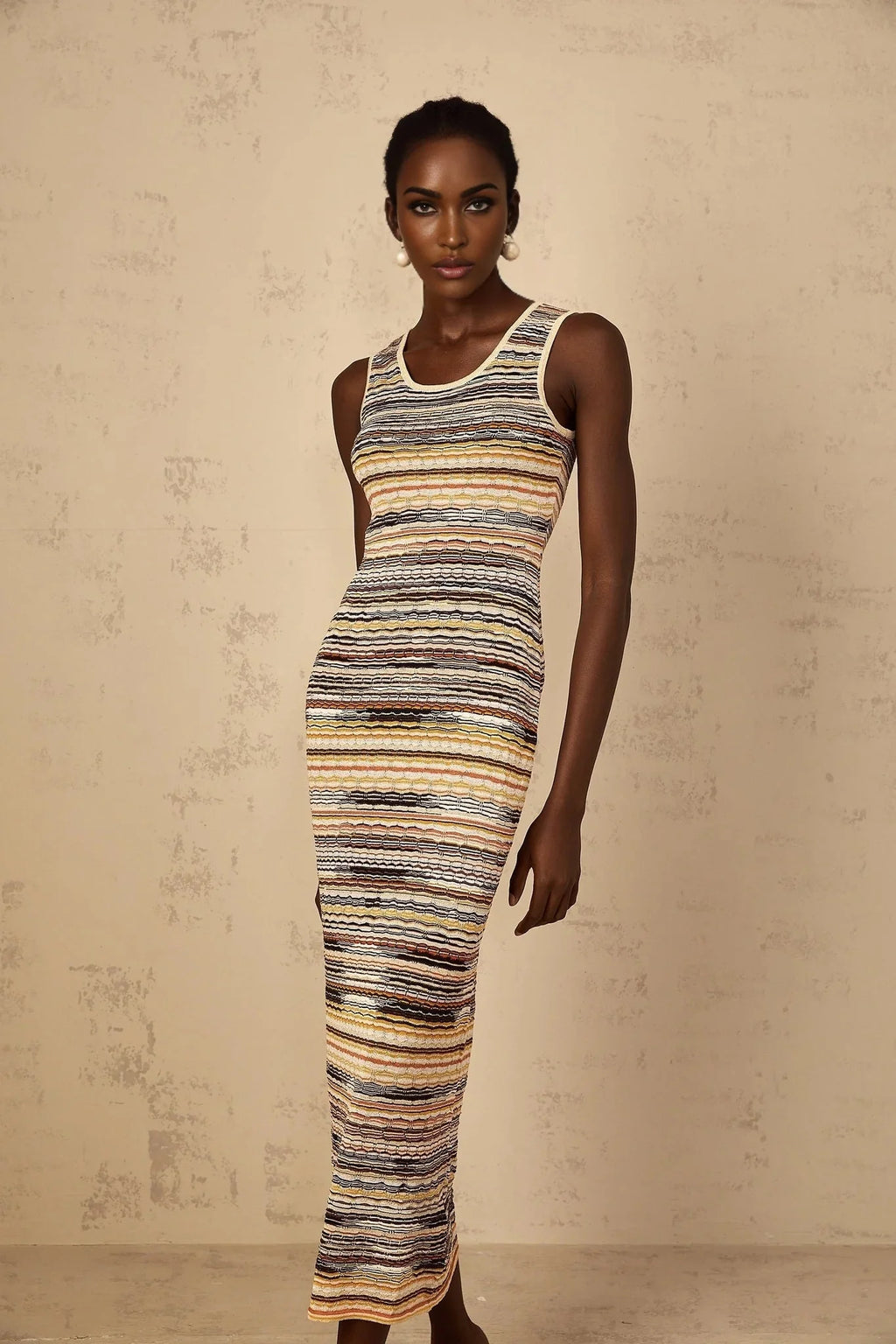 Rosetta Midi Dress Yellow Striped Crochet Knit Fitted Stripe Hem Slip - On & Sleeveless