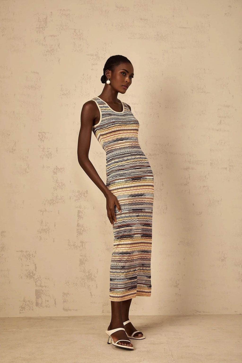 Rosetta Midi Dress Yellow Striped Crochet Knit Fitted Stripe Hem Slip - On & Sleeveless