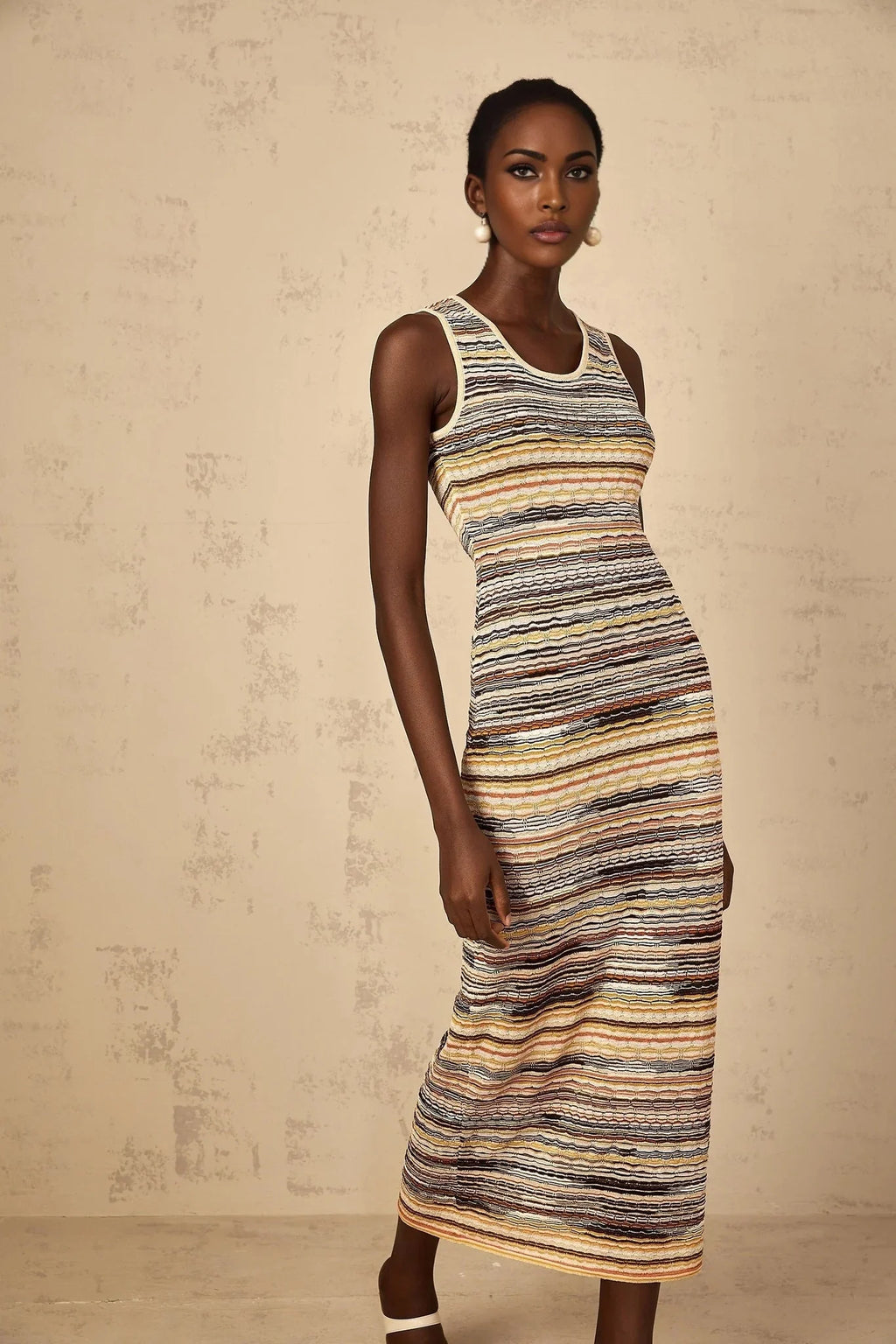 Rosetta Midi Dress Yellow Striped Crochet Knit Fitted Stripe Hem Slip - On & Sleeveless