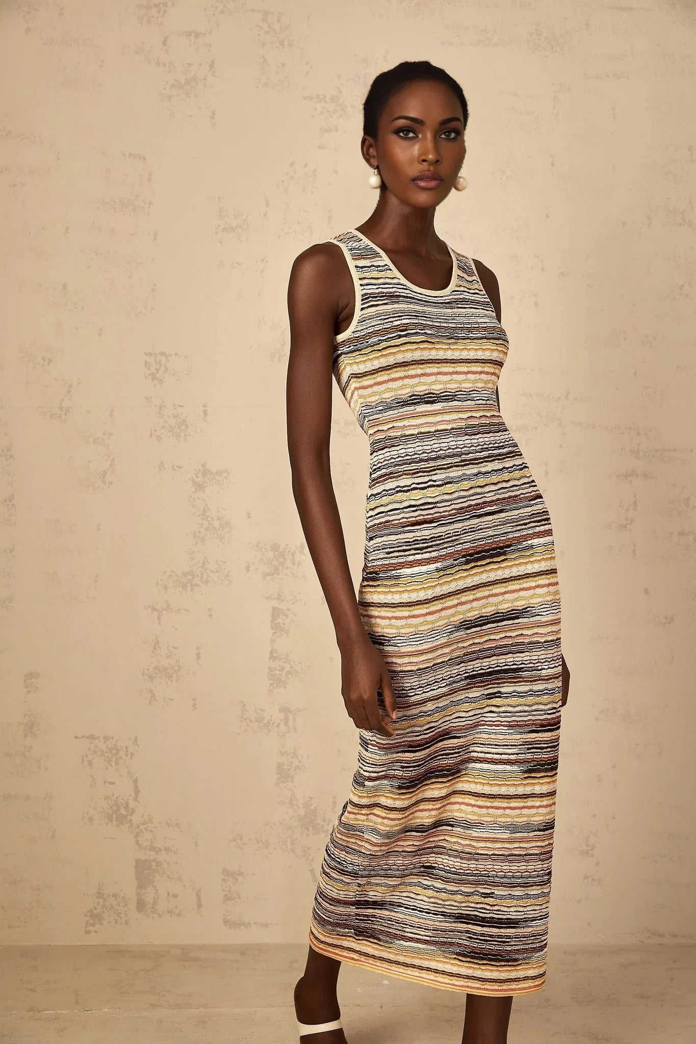 Rosetta Midi Dress Yellow Striped Crochet Knit Fitted Stripe Hem Slip - On & Sleeveless