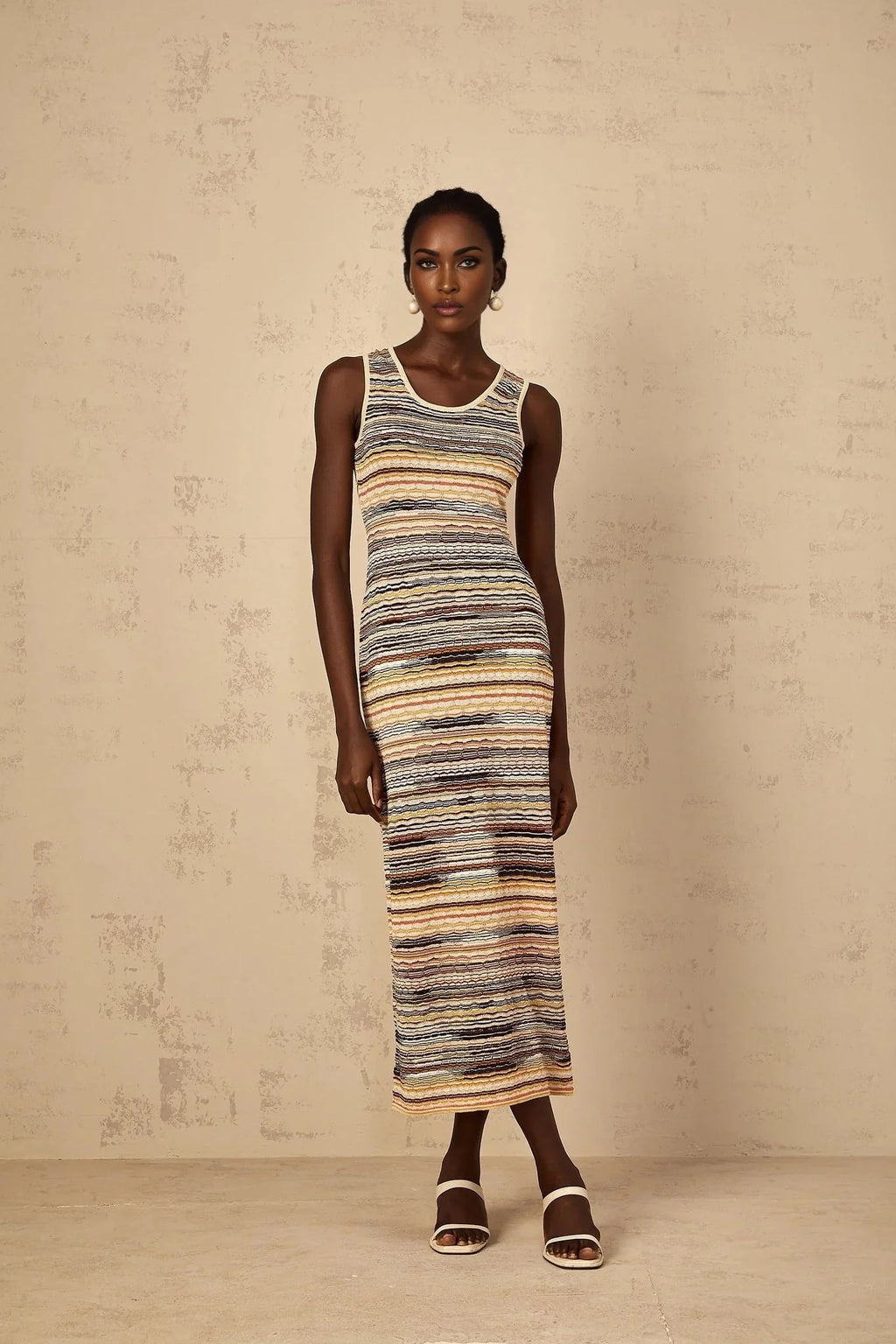 Rosetta Midi Dress Yellow Striped Crochet Knit Fitted Stripe Hem Slip - On & Sleeveless
