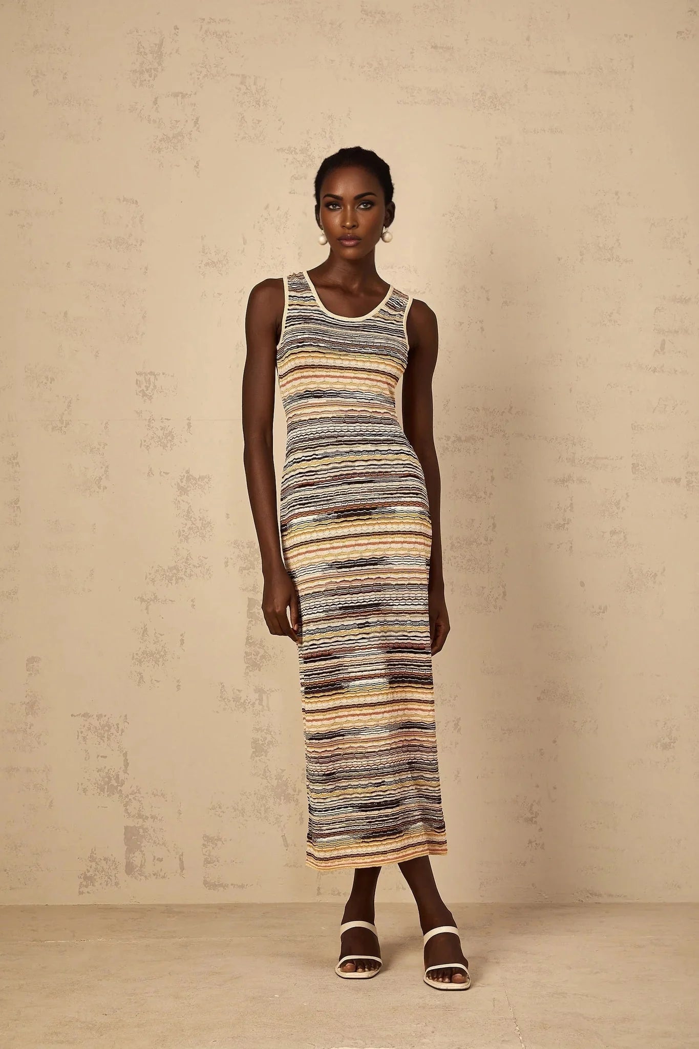 Rosetta Midi Dress Yellow Striped Crochet Knit Fitted Stripe Hem Slip - On & Sleeveless