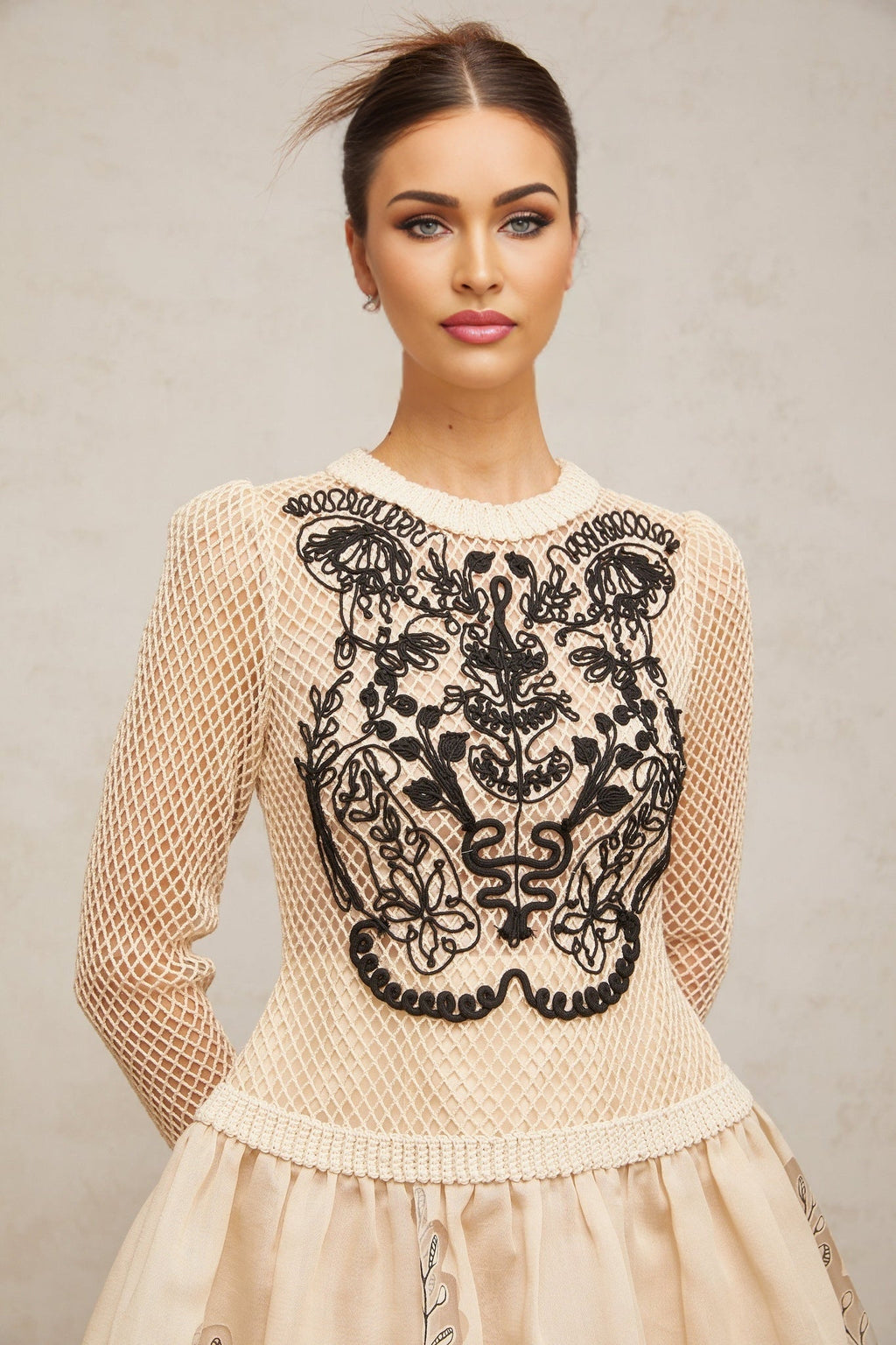 Rosetta Mini Dress in Neutrals and Black Mesh Floral Appliqué