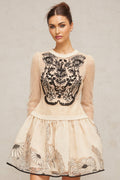 Rosetta Mini Dress in Neutrals and Black Mesh Floral Appliqué