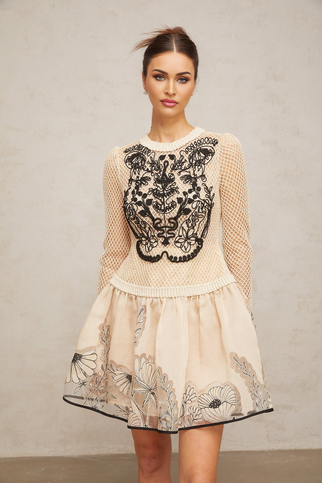 Rosetta Mini Dress in Neutrals and Black Mesh Floral Appliqué