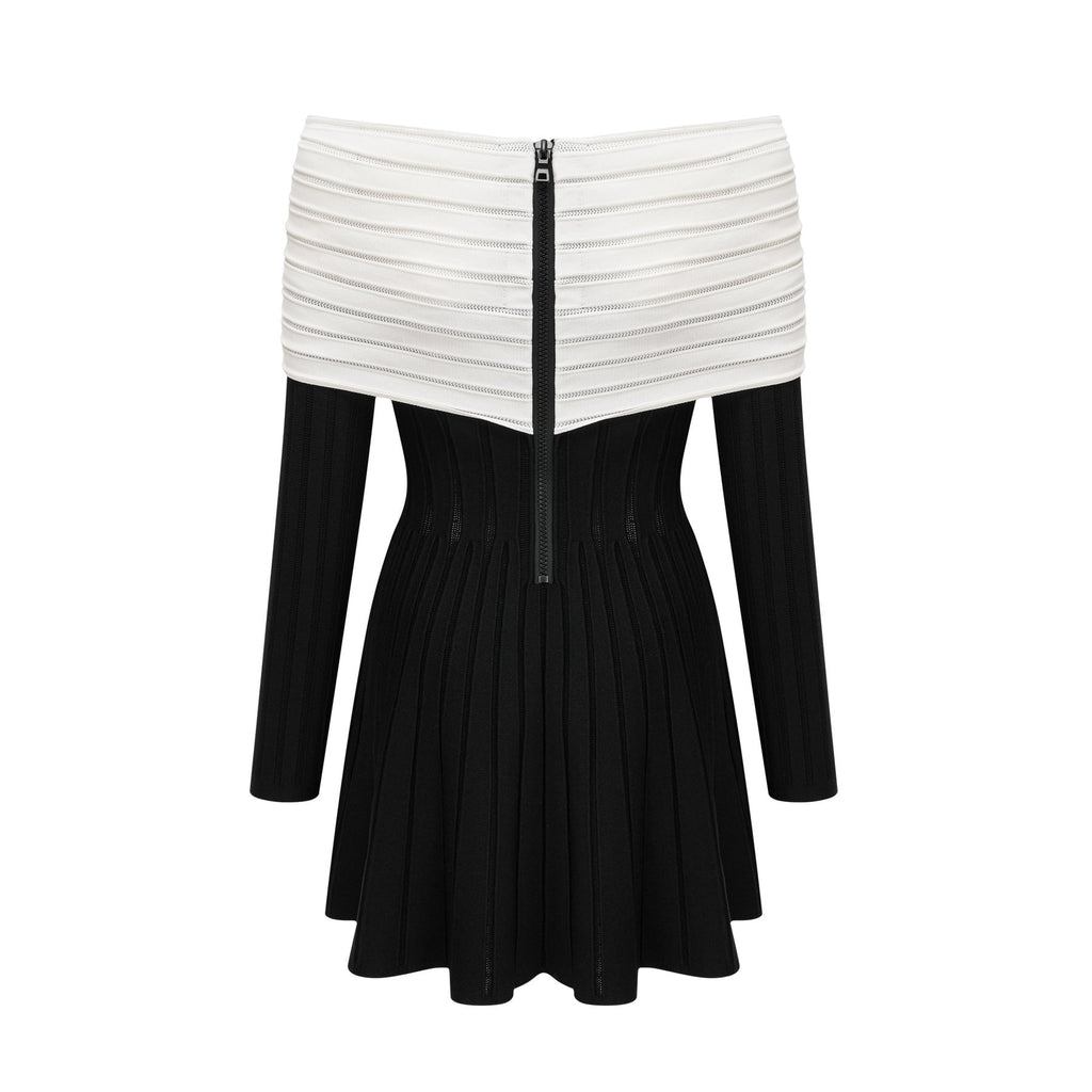 Rosetta Mini Dress Off Shoulder Bow Flare Black & White
