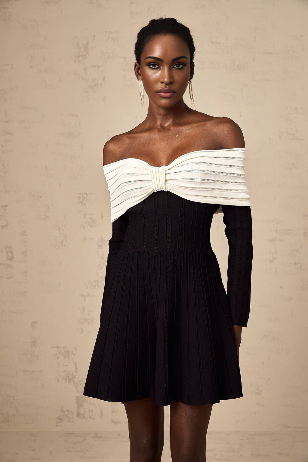 Rosetta Mini Dress Off Shoulder Bow Flare Black & White
