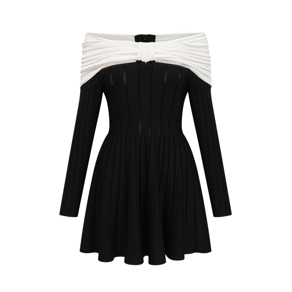Rosetta Mini Dress Off Shoulder Bow Flare Black & White