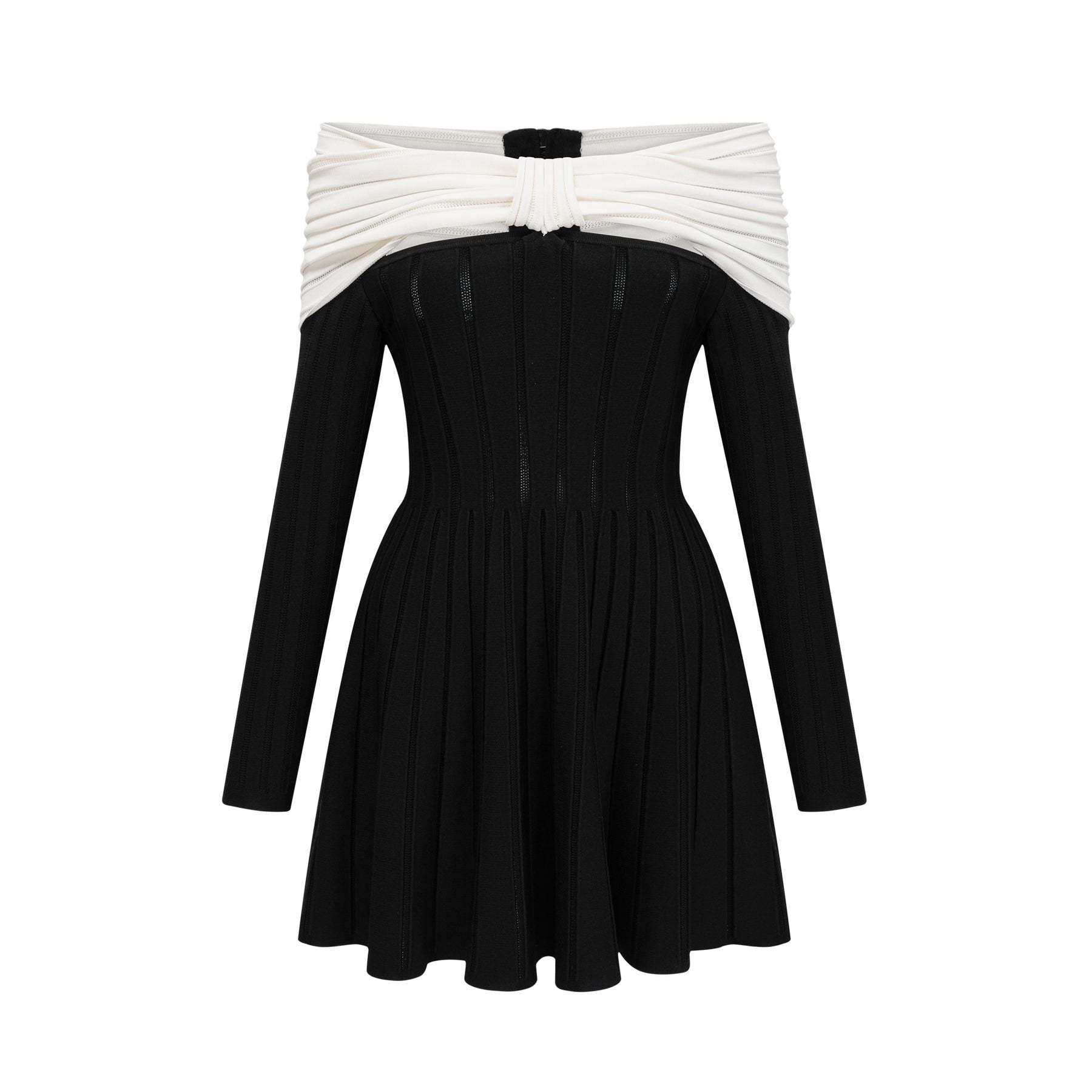 Rosetta Mini Dress Off Shoulder Bow Flare Black & White