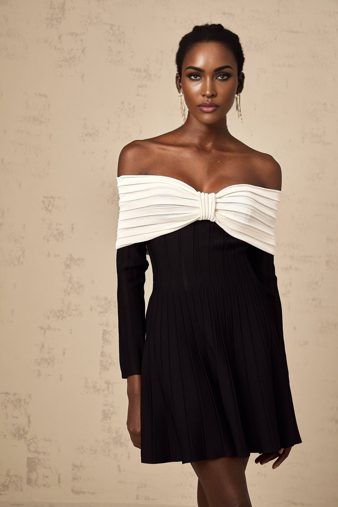 Rosetta Mini Dress Off Shoulder Bow Flare Black & White