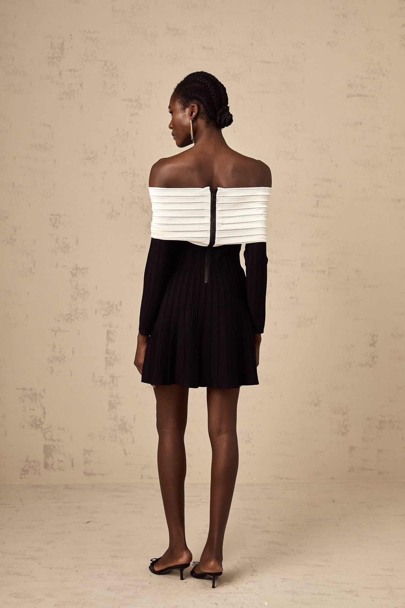 Rosetta Mini Dress Off Shoulder Bow Flare Black & White