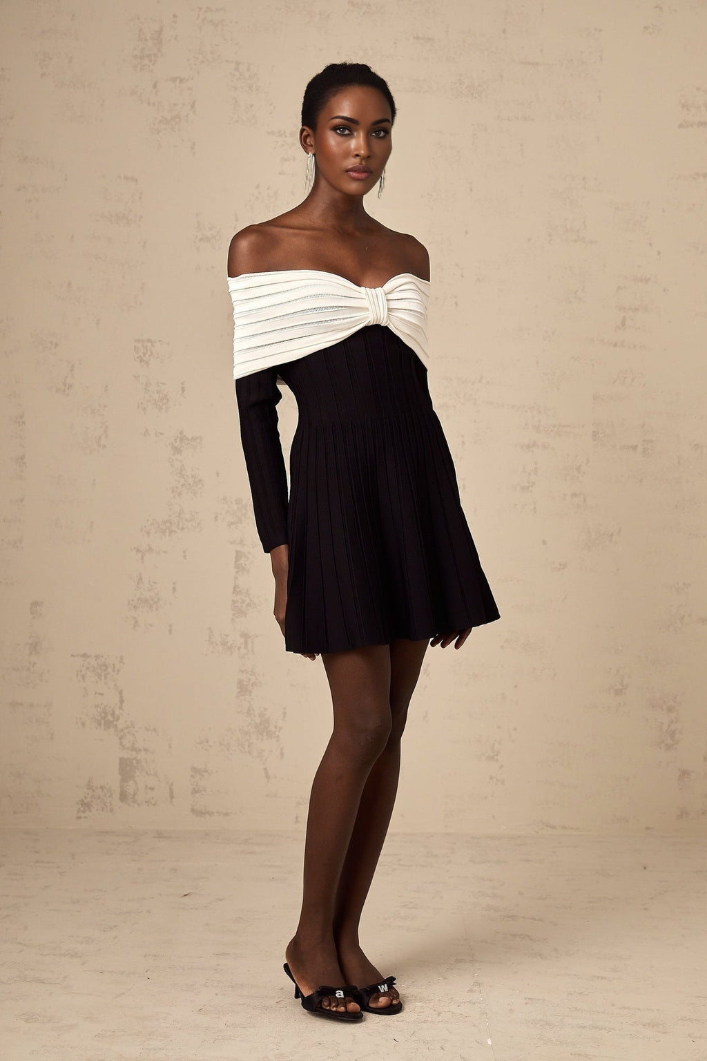 Rosetta Mini Dress Off Shoulder Bow Flare Black & White