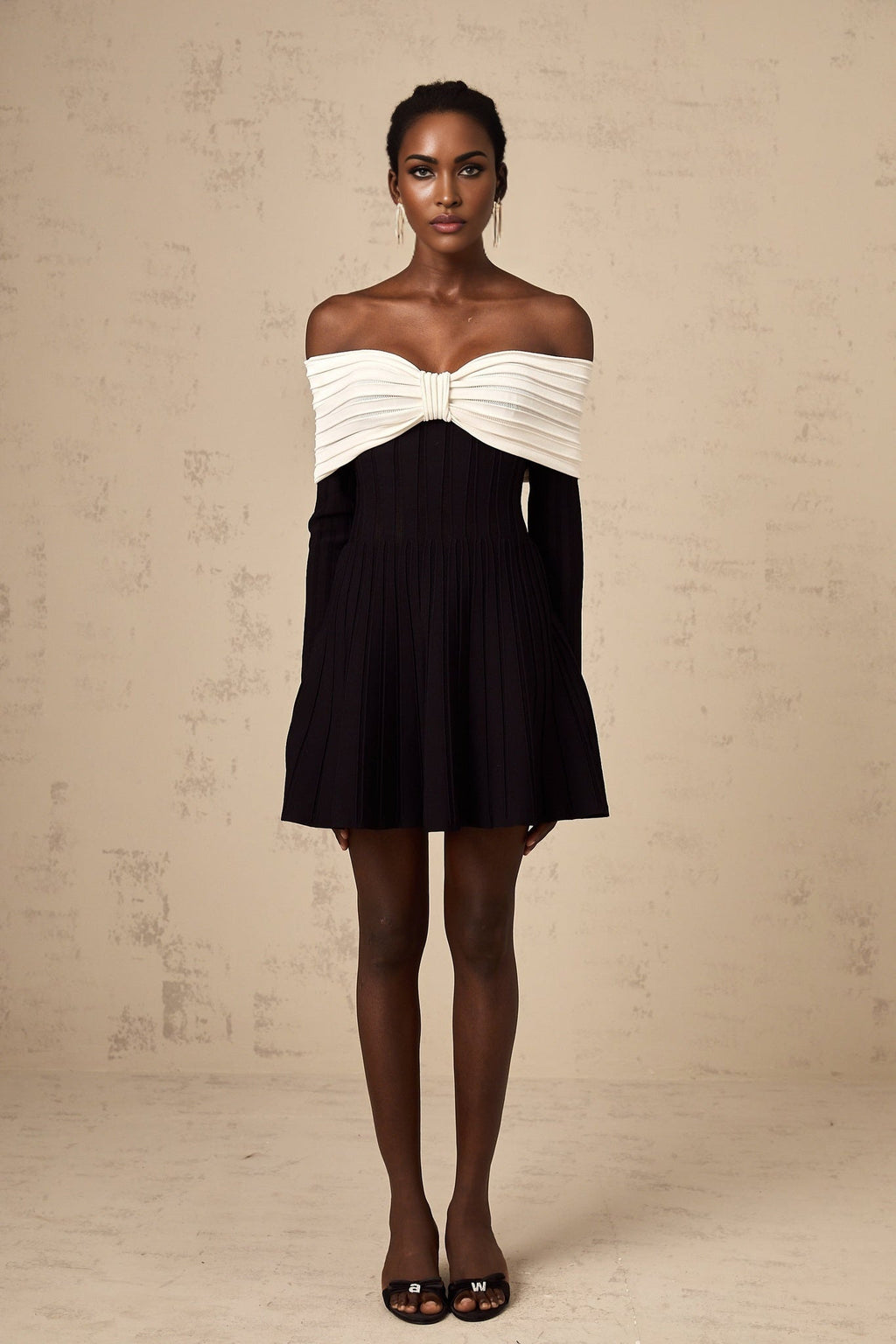 Rosetta Mini Dress Off Shoulder Bow Flare Black & White