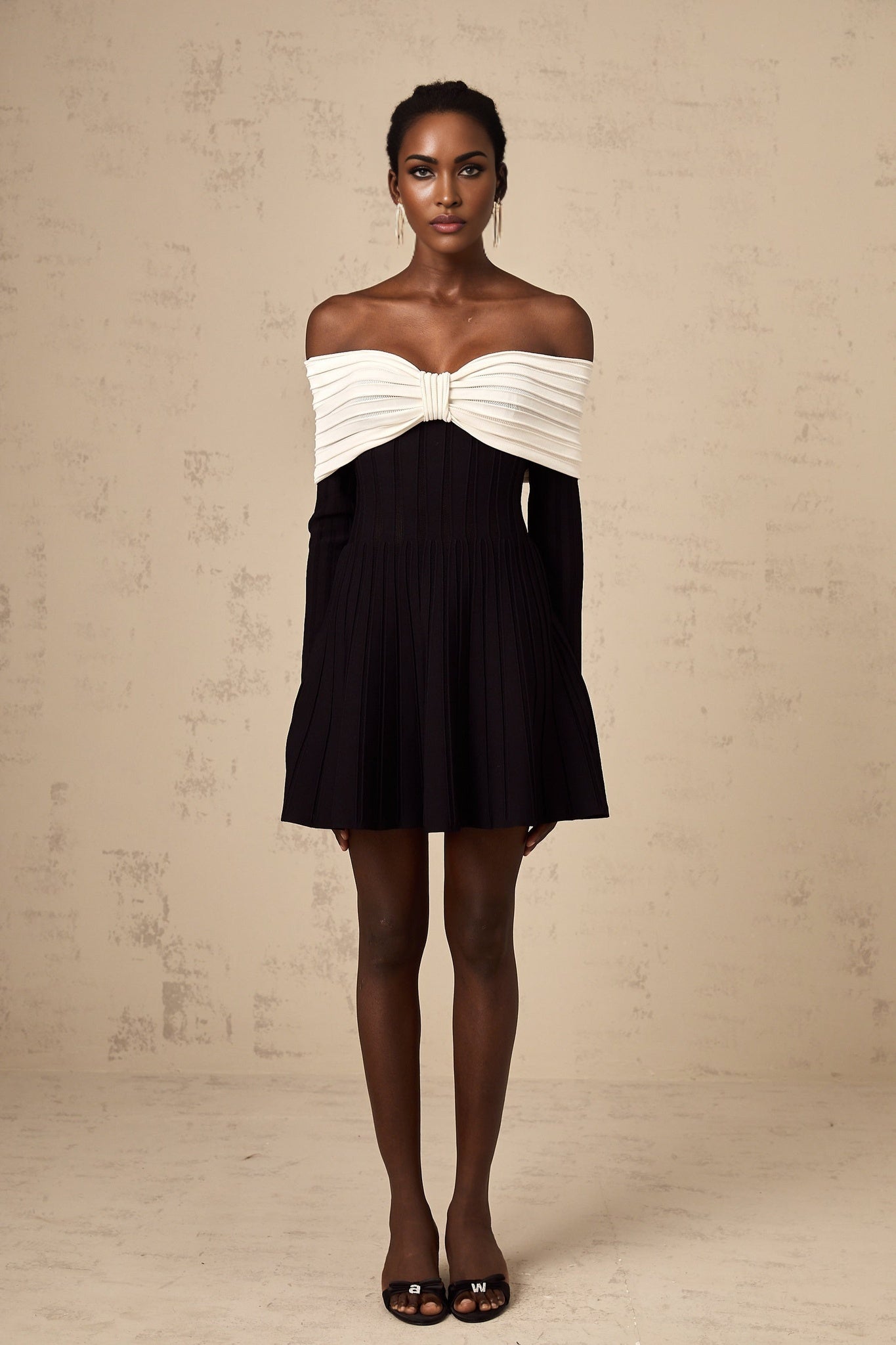 Rosetta Mini Dress Off Shoulder Bow Flare Black & White