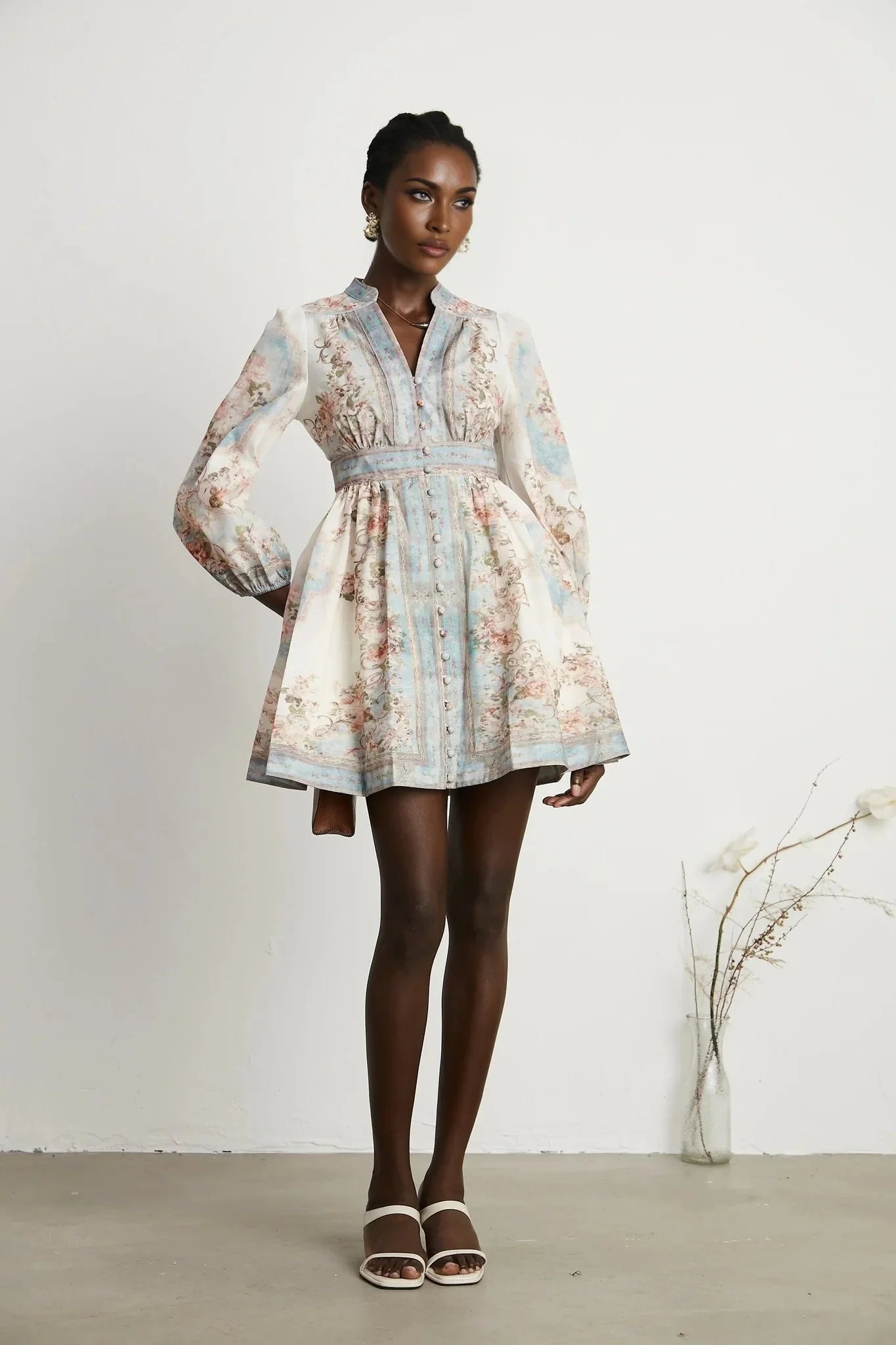 Rosetta Mini Dress White & Blue Floral V - Neck Button Fastening