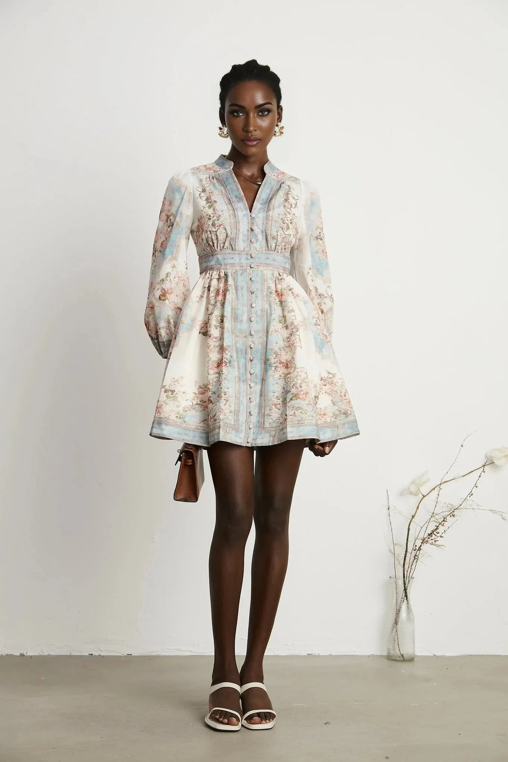 Rosetta Mini Dress White & Blue Floral V - Neck Button Fastening