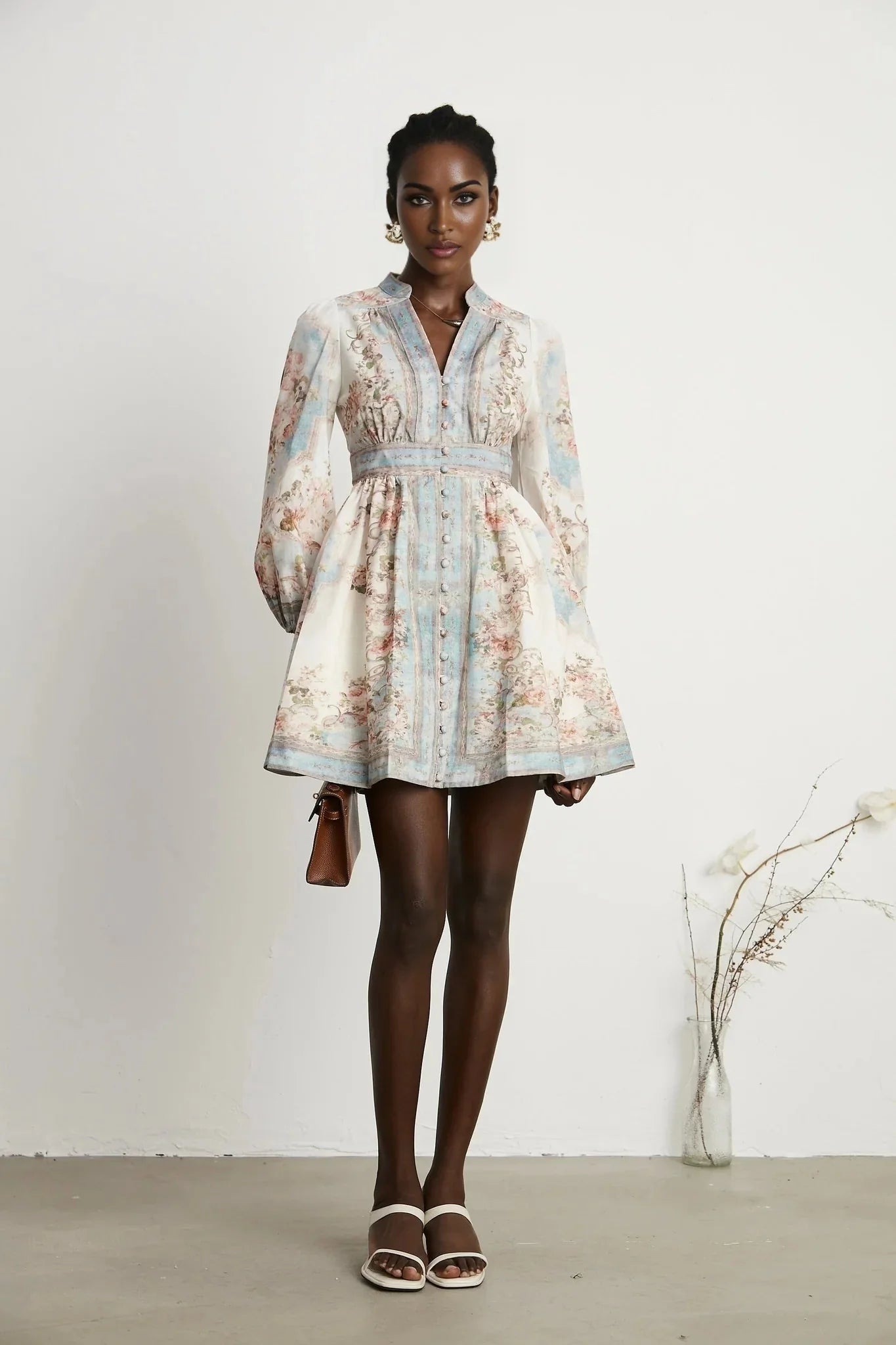 Rosetta Mini Dress White & Blue Floral V - Neck Button Fastening