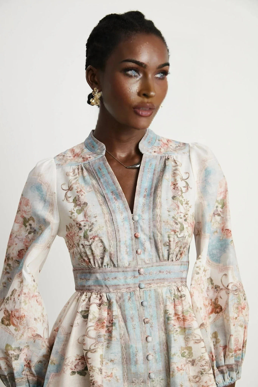 Rosetta Mini Dress White & Blue Floral V - Neck Button Fastening