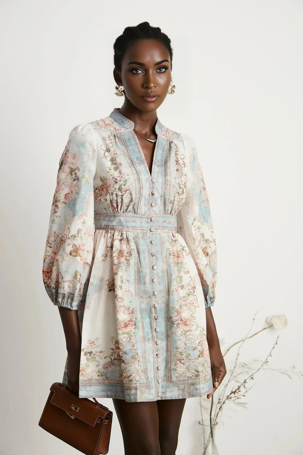 Rosetta Mini Dress White & Blue Floral V - Neck Button Fastening