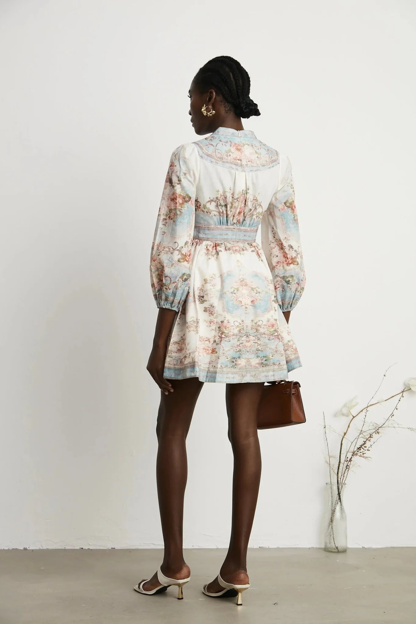 Rosetta Mini Dress White & Blue Floral V - Neck Button Fastening