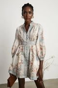 Rosetta Mini Dress White & Blue Floral V - Neck Button Fastening