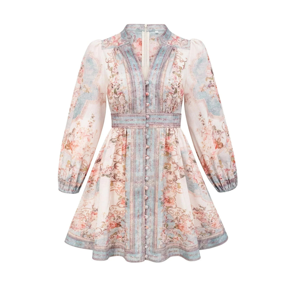 Rosetta Mini Dress White & Blue Floral V - Neck Button Fastening